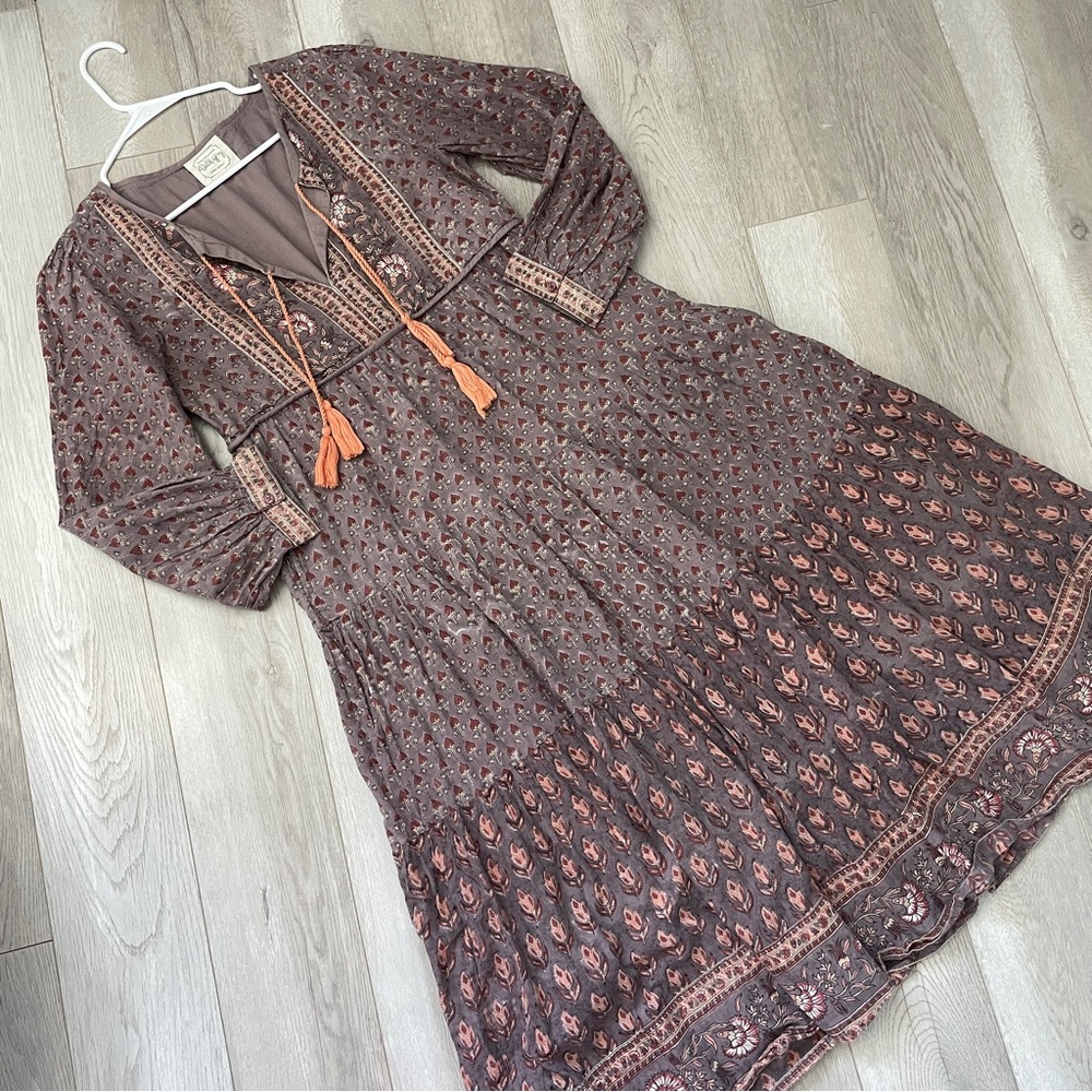 Dilli Grey Dress organic cotton floral printed midi womens Purple (size 10) boho